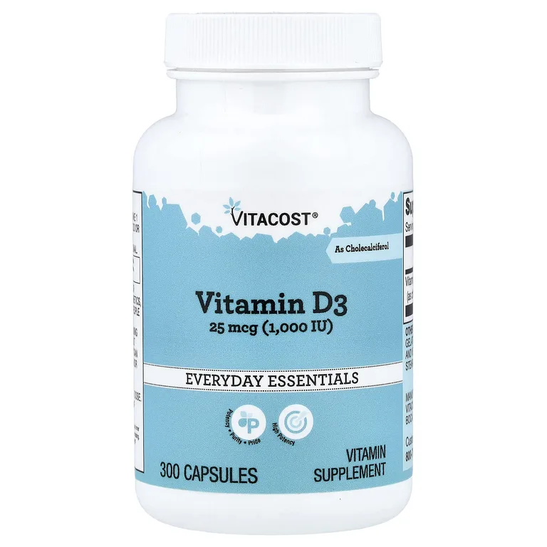 Vitacost, витамин D3, 25 мкг (1000 МЕ), 300 капсул