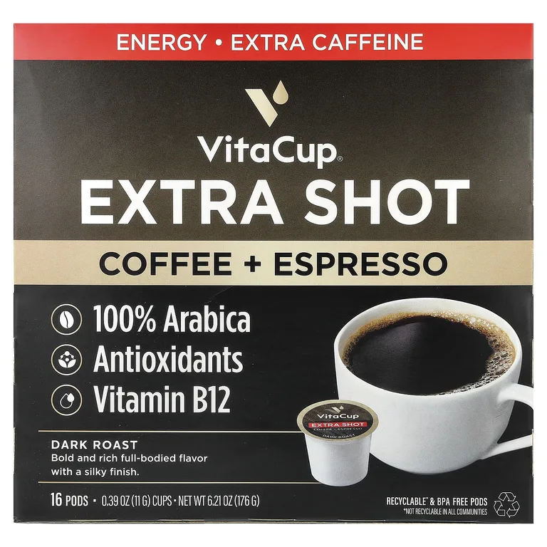 VitaCup, Extra Shot, кофе + эспрессо, темная обжарка, 16 капсул по 11 г (0,39 унции)