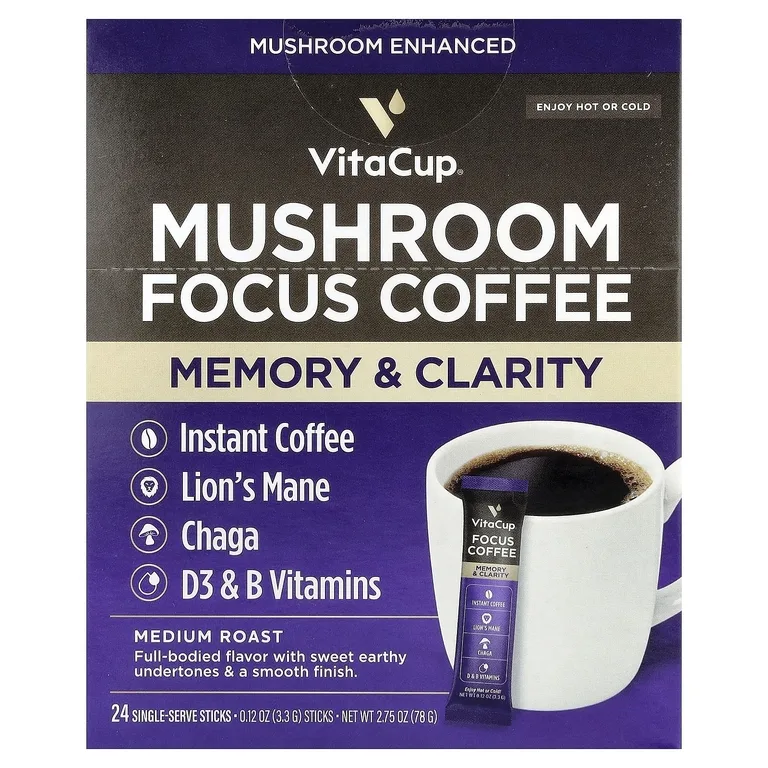 VitaCup, Mushroom Focus, кофе средней обжарки, 24 палочки с 1 порцией, 3,3 г (0,12 унции)
