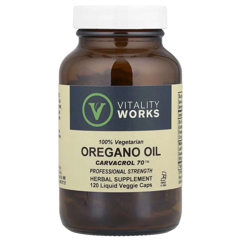 Vitality Works, масло орегано, карвакрол 70, 120 вегетарианских капсул с жидкостью