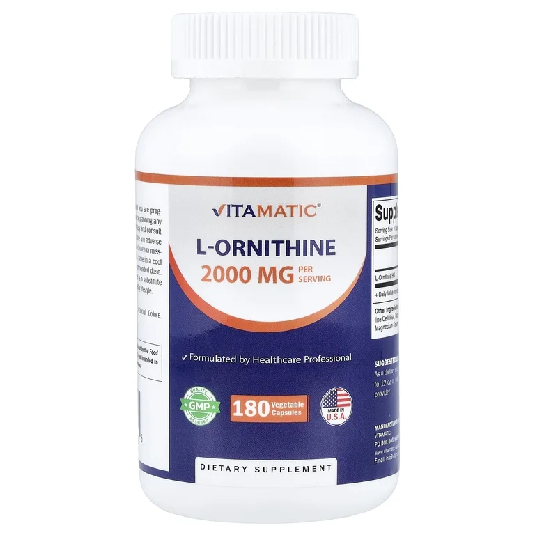 Vitamatic, L-орнитин, 180 растительных капсул (666 мг в 1 капсуле)