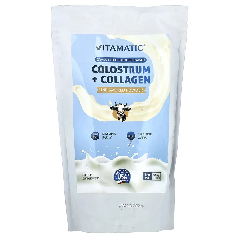 Vitamatic, молозиво с коллагеном в порошке, без добавок, 454 г (16 унций)