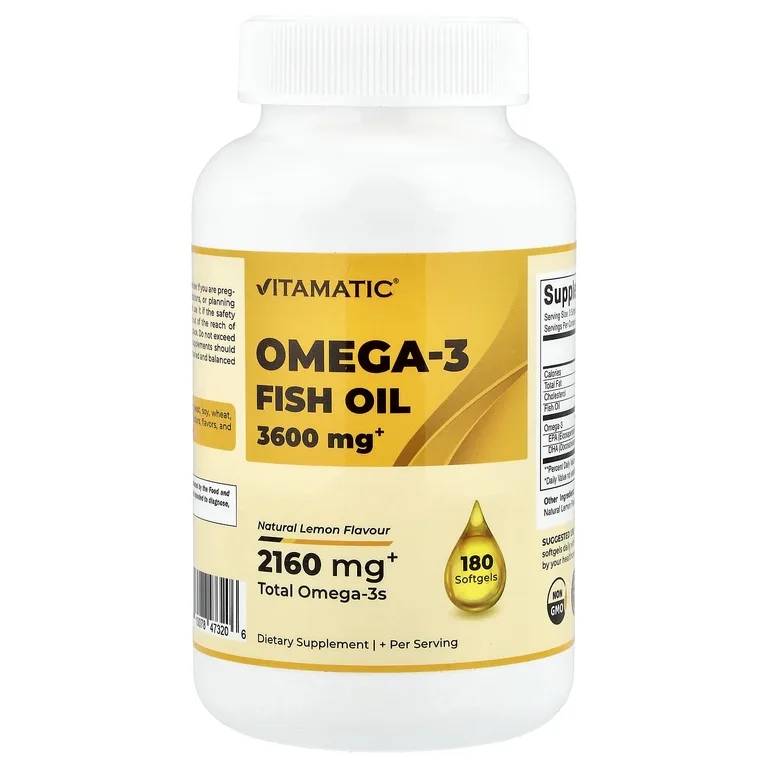 Vitamatic, рыбий жир с омега-3, натуральный лимон, 180 мягких таблеток