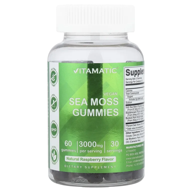 Vitamatic, Веганские жевательные мармеладки с морским мохом, натуральная малина, 60 жевательных таблеток