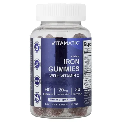 Vitamatic, веганские жевательные таблетки с железом с витамином C, со вкусом натурального винограда, 60 жевательных таблеток