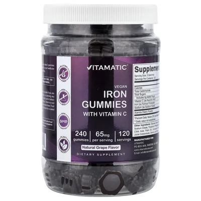 Vitamatic, веганские жевательные таблетки с железом с витамином C, со вкусом винограда, 240 жевательных таблеток