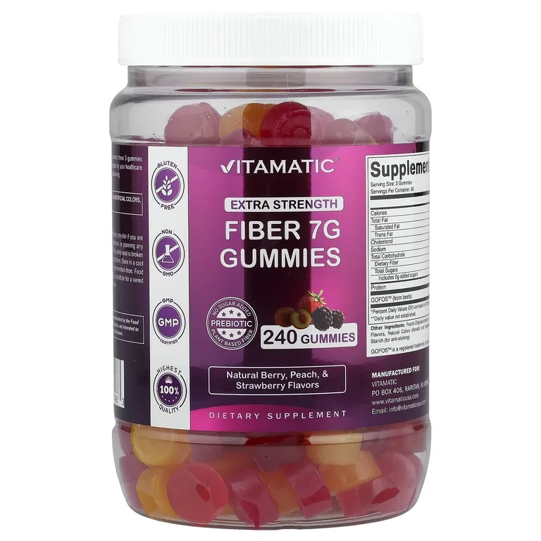 Vitamatic, жевательные мармеладки с клетчаткой, со вкусом натуральных ягод, персика и клубники, 240 жевательных таблеток