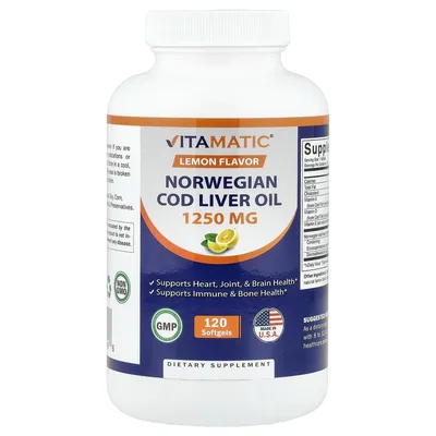 Vitamatic, жир из печени норвежской трески, лимонный вкус, 120 капсул