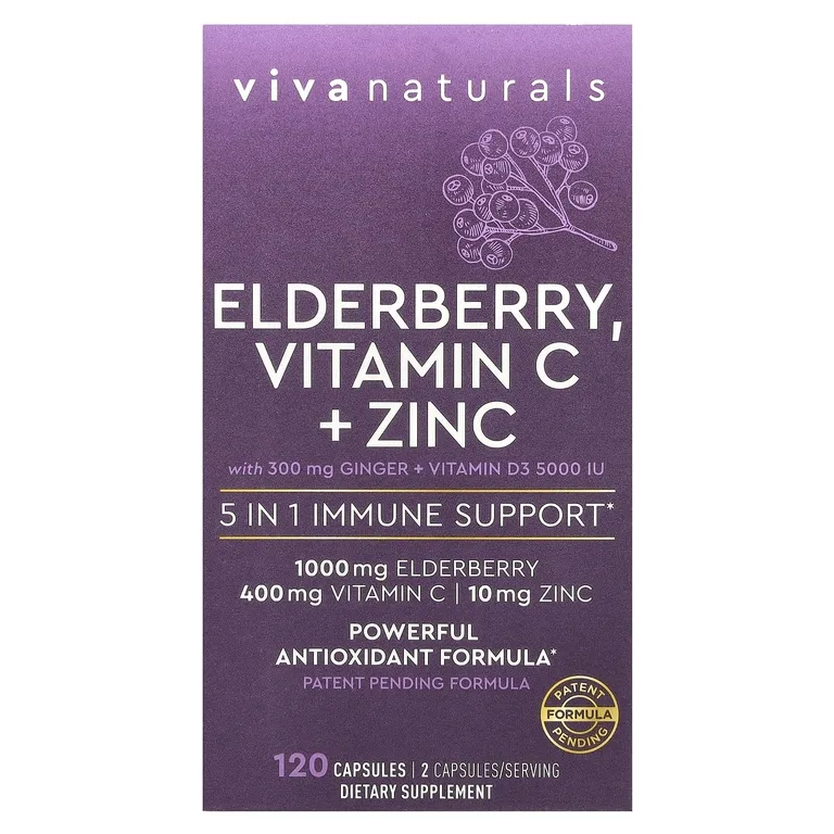 Viva Naturals, бузина, витамин C и цинк, 120 капсул