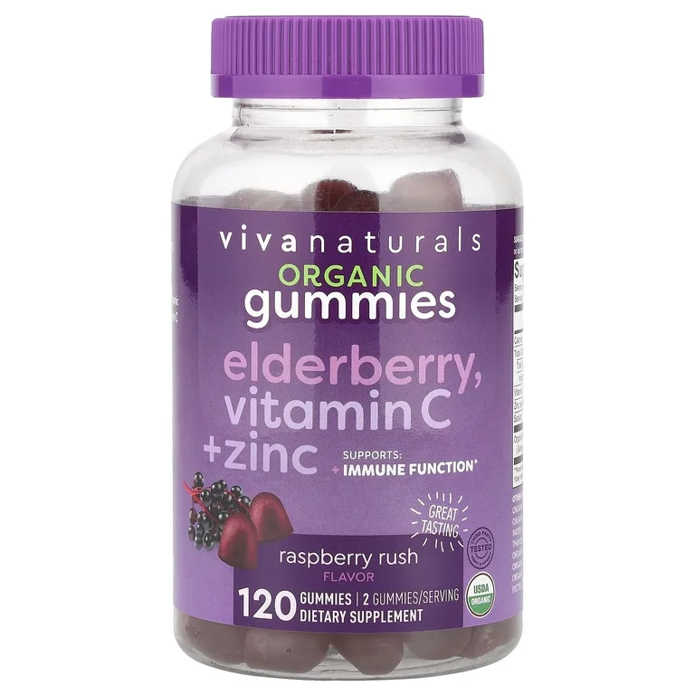 Viva Naturals, Органическая бузина, жевательные мармеладки с витамином С и цинком, малина, 120 жевательных таблеток