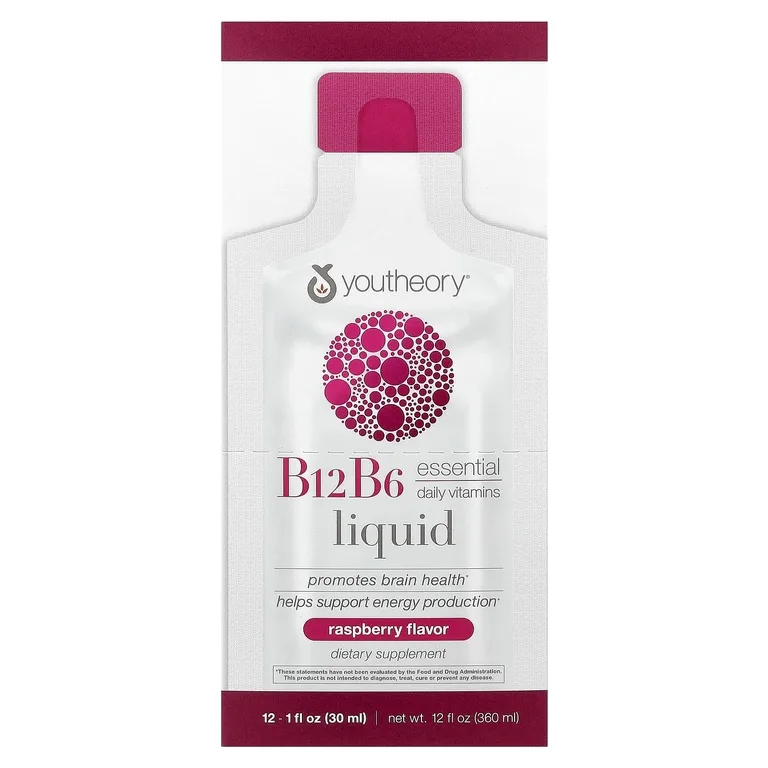 Youtheory, B12, B6, жидкий, на ходу, малиновый, 12 пакетиков по 30 мл (1 жидк. Унция)
