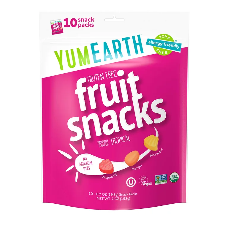 YumEarth, фруктовые снеки без глютена, со вкусом тропических фруктов, 10 упаковок по 19,8 г (0,7 унции)