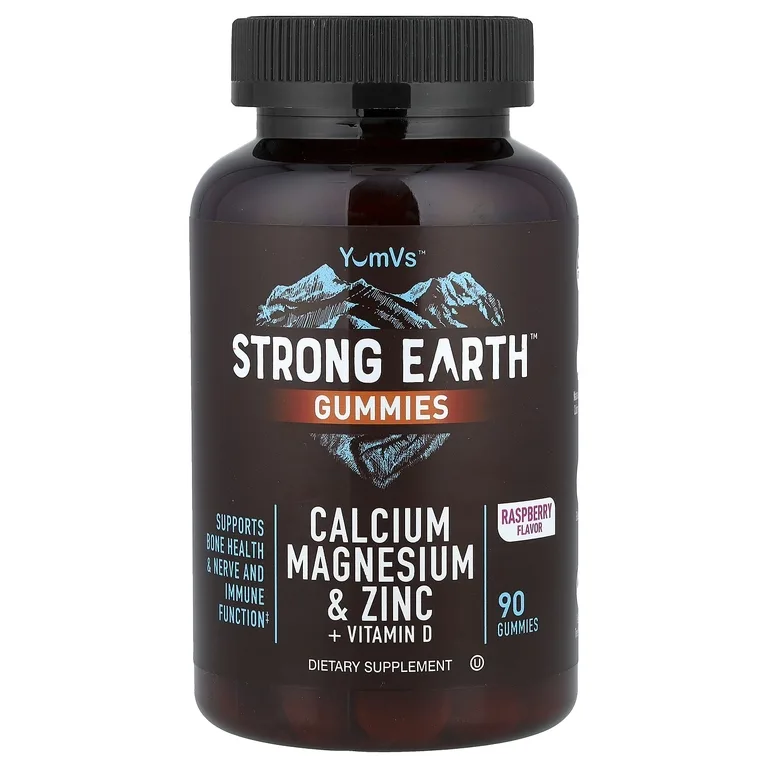 YumVs, Жевательные таблетки Strong Earth, кальций, магний и цинк + витамин D, малина, 90 жевательных таблеток